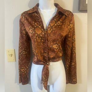 Rachel Zoe Brown Paisley Tie-Front Long-Sleeve Blouse